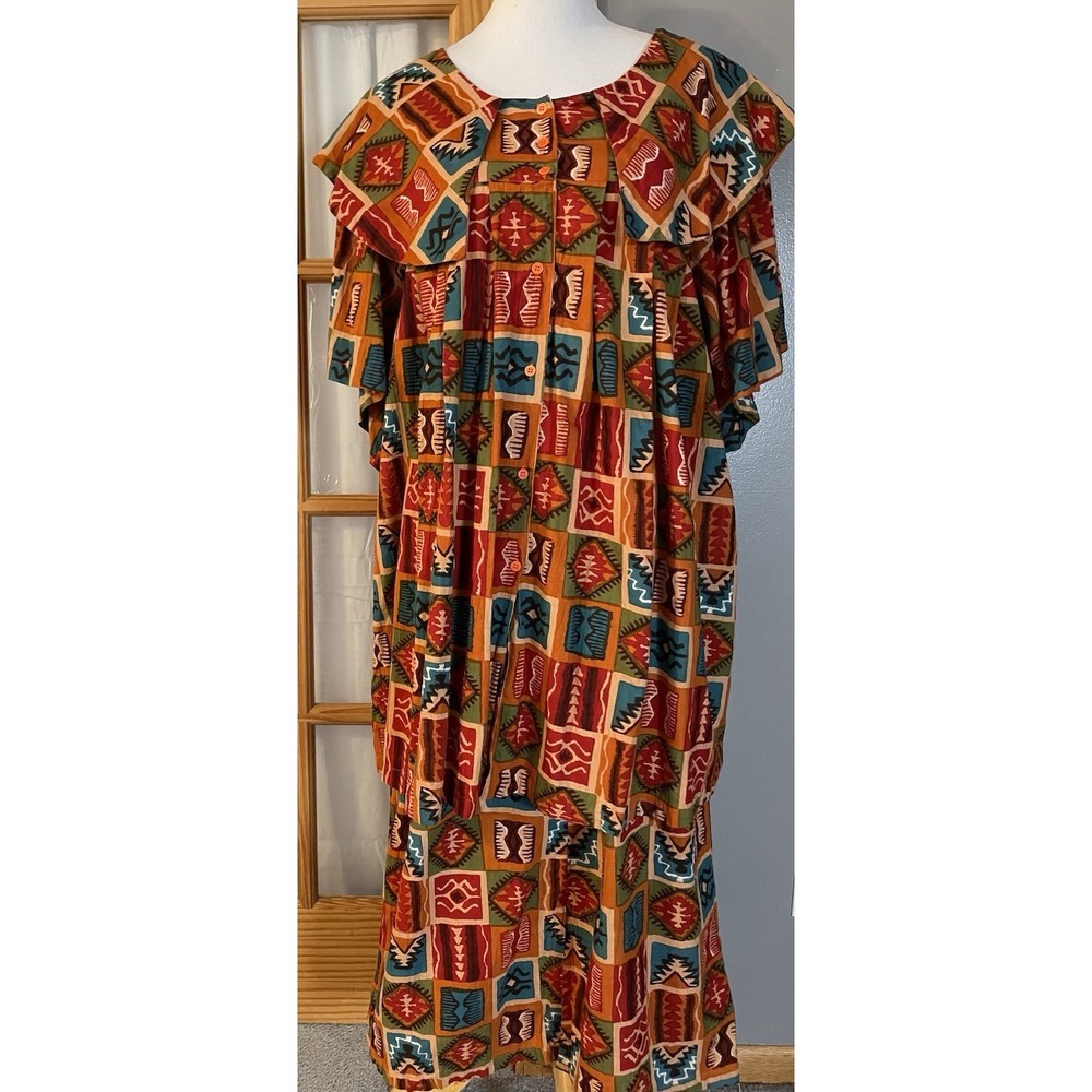 Vtg 80s 2 Piece Outfit Womens Free Size Blue Tunic Blouse Skirt Aztec Colorful